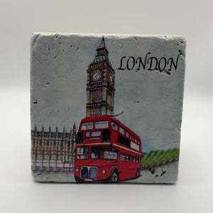Big Ben clock tower artwork printed on square travertine stone coaster