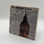 Vintage Big Ben newspaper artwork printed on square travertine stone coaster