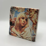 Billie Eilish Renaissance artwork printed on square travertine stone coaster
