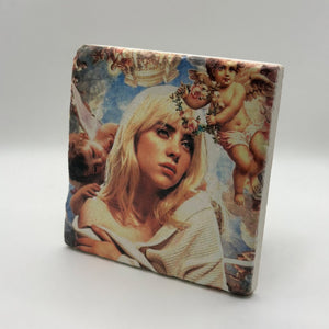 Billie Eilish Renaissance artwork printed on square travertine stone coaster