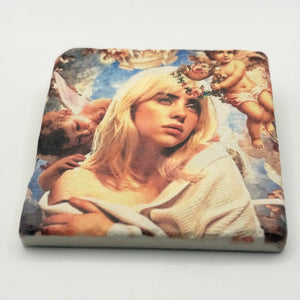 Billie Eilish Renaissance artwork printed on square travertine stone coaster