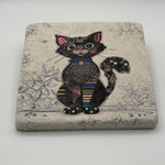 Adorable black cat artwork printed on square travertine stone coaster