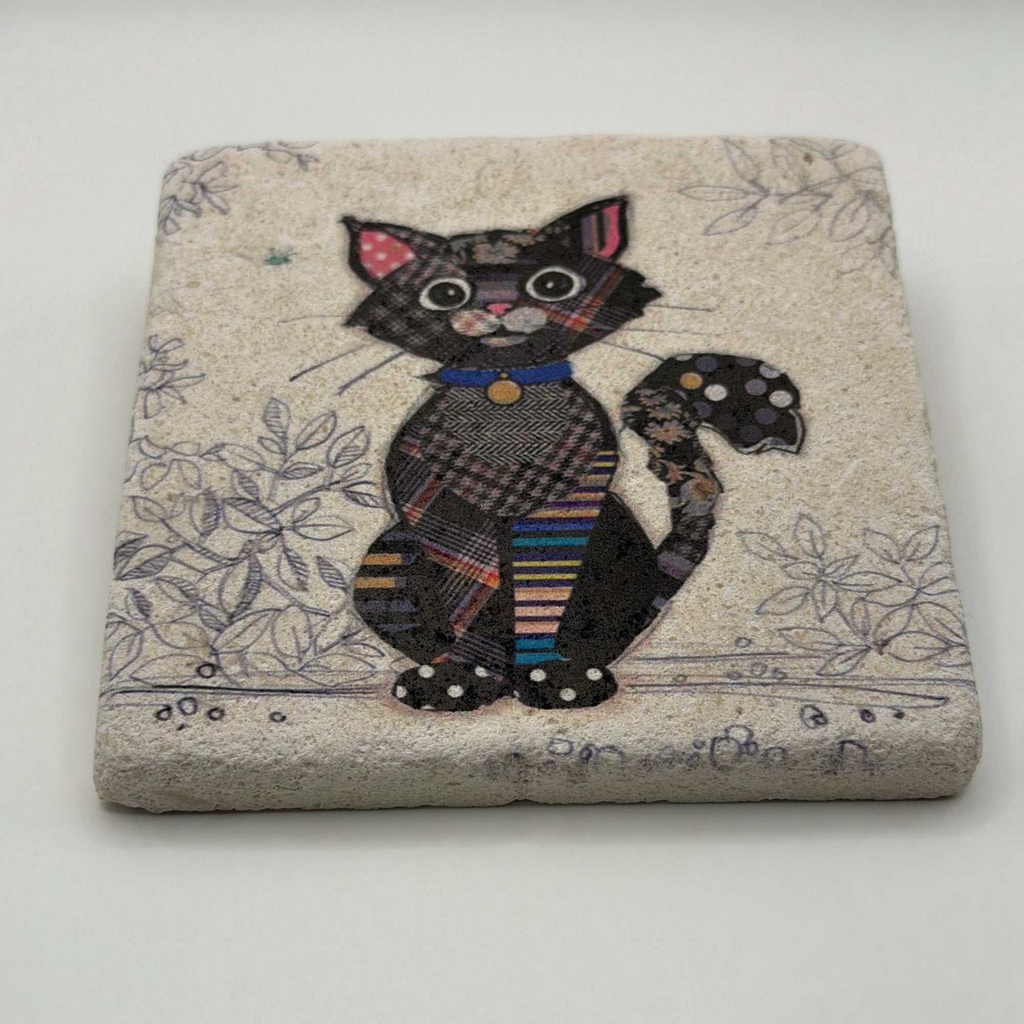 Adorable black cat artwork printed on square travertine stone coaster
