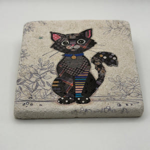 Adorable black cat artwork printed on square travertine stone coaster