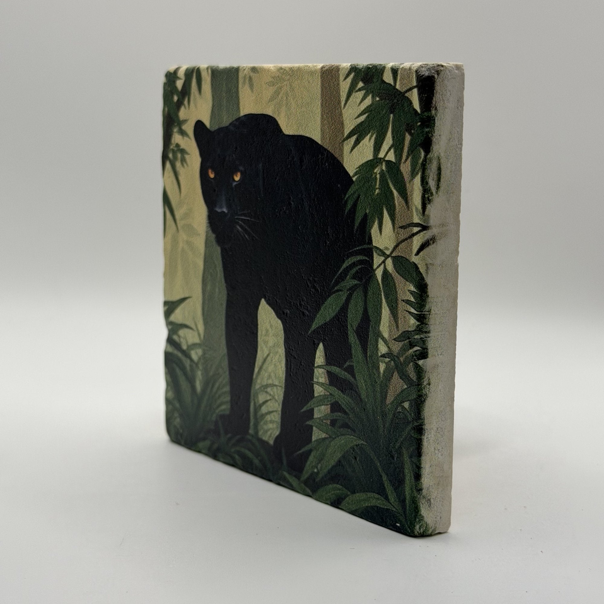 Black Panther Natural Travertine Stone Coaster artwork