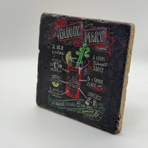 Bloody Mary artwork printed on square travertine stone coaster