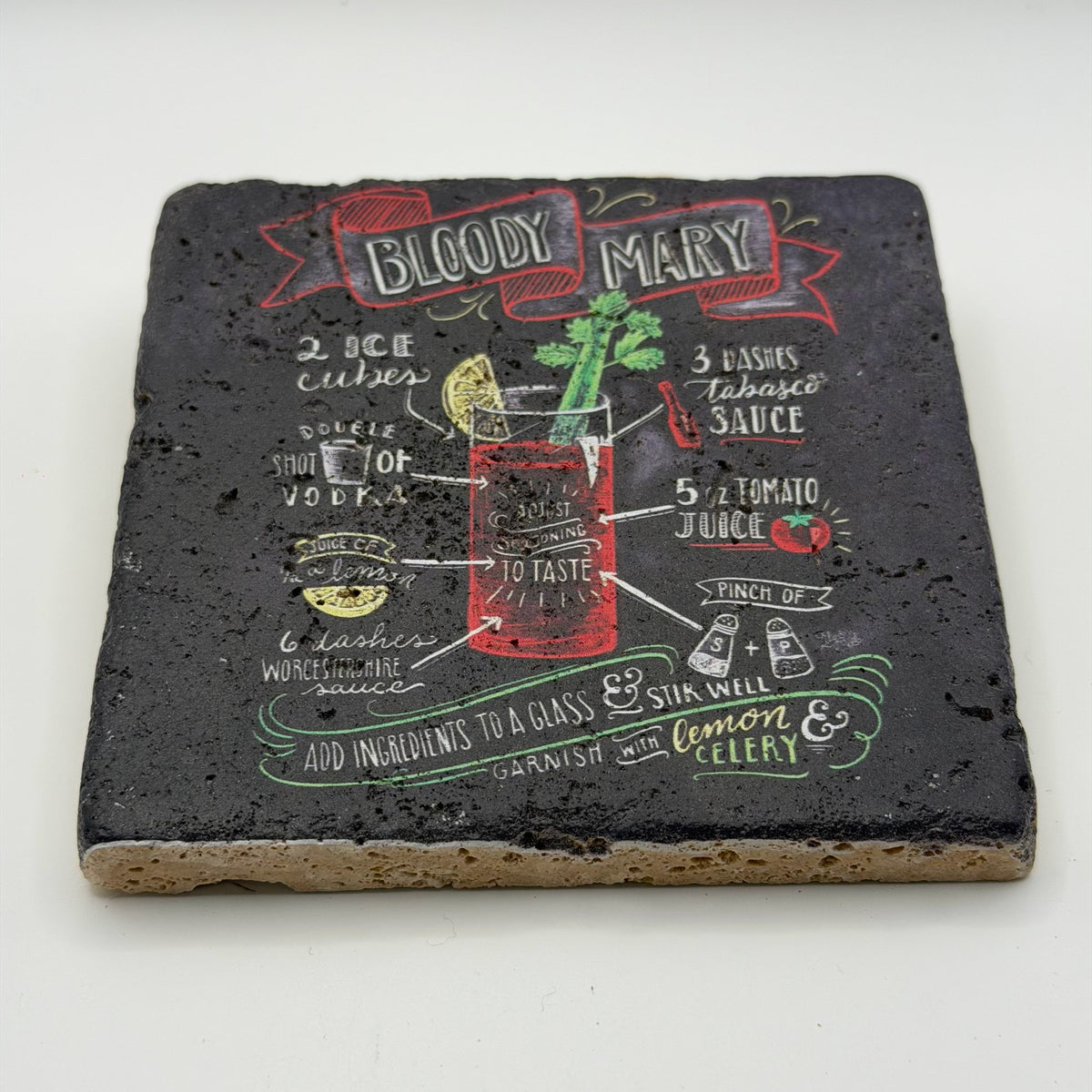 Bloody Mary artwork printed on square travertine stone coaster