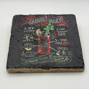 Bloody Mary artwork printed on square travertine stone coaster