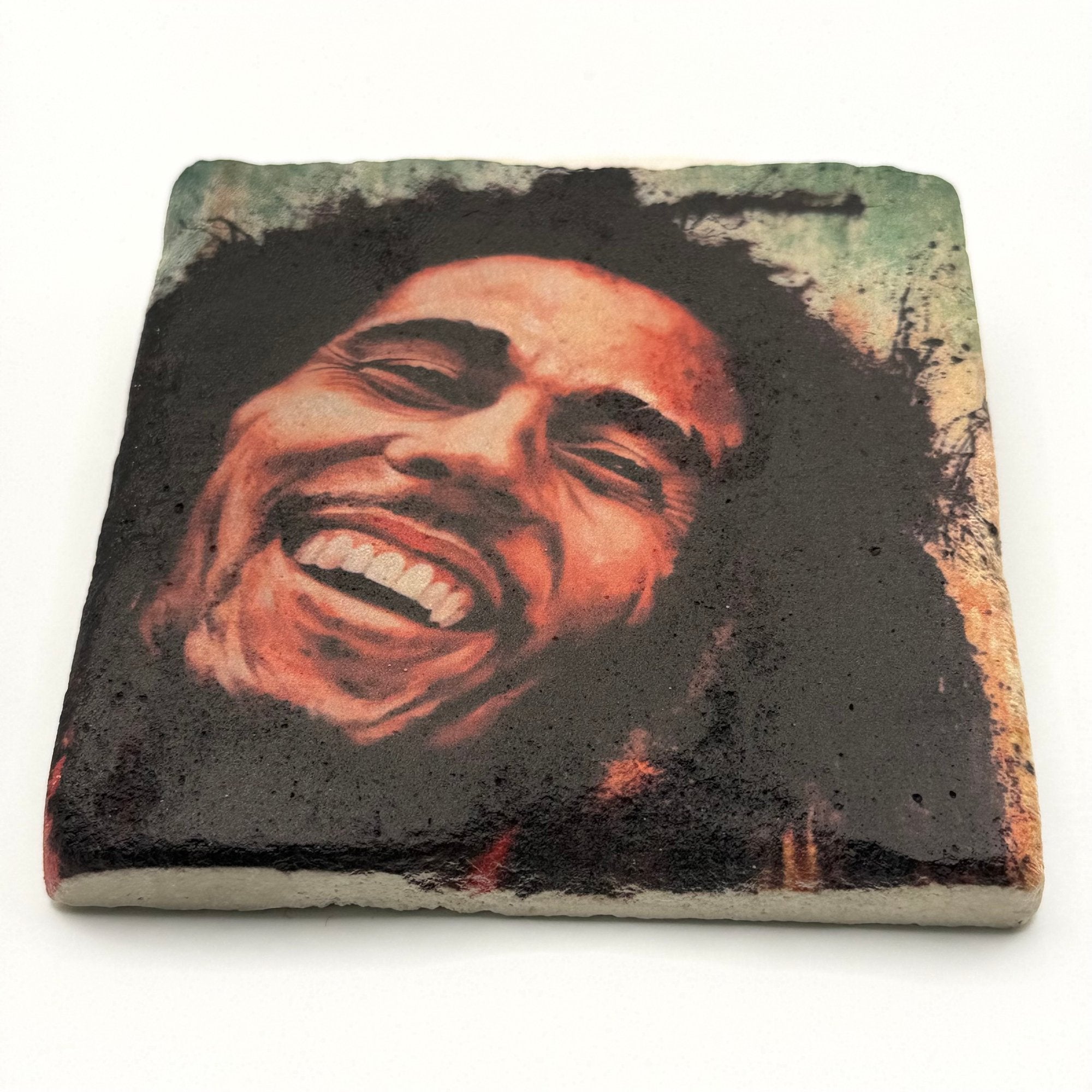 Bob Marley artwork printed on square travertine stone coaster