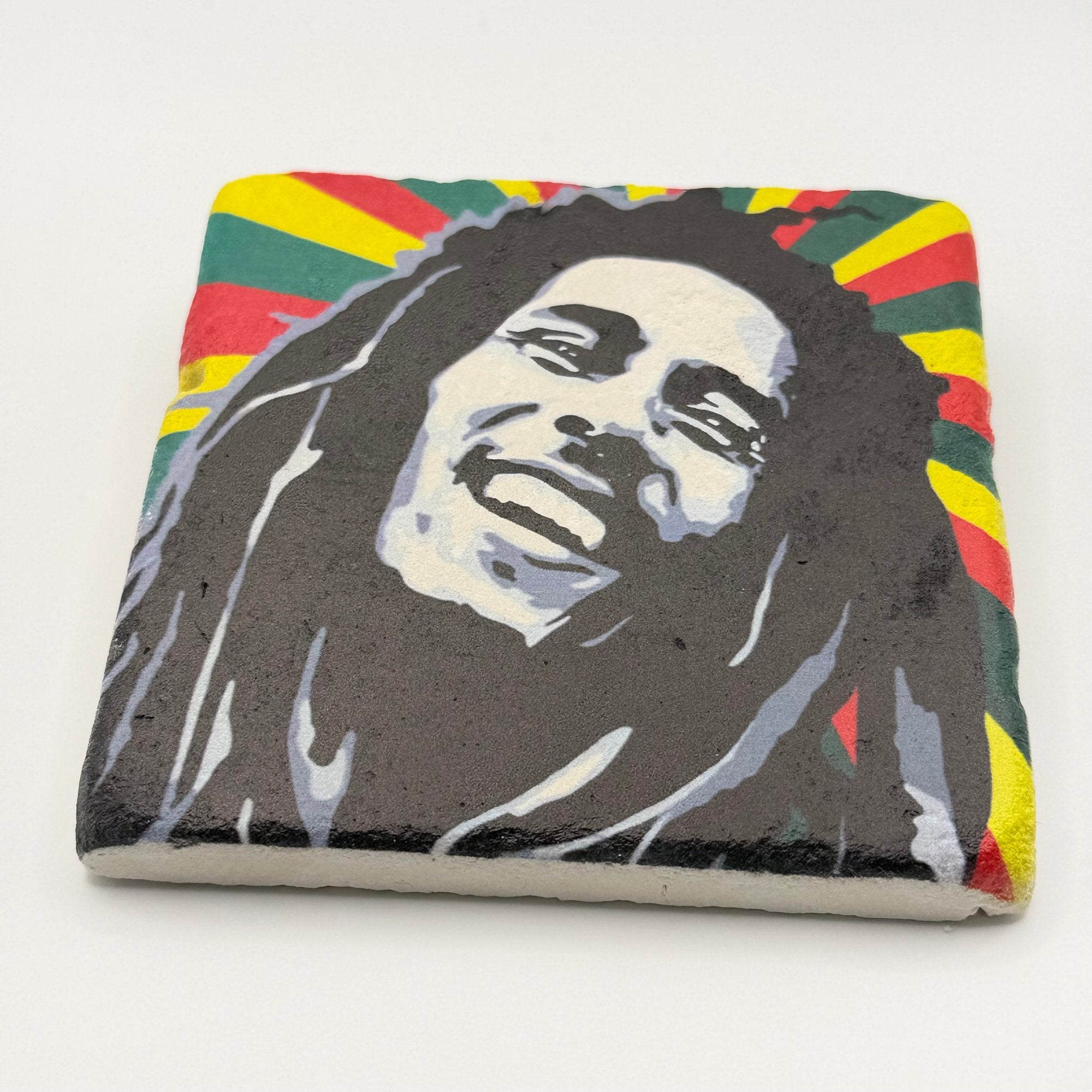 Bob Marley artwork printed on square natural travertine stone coaster