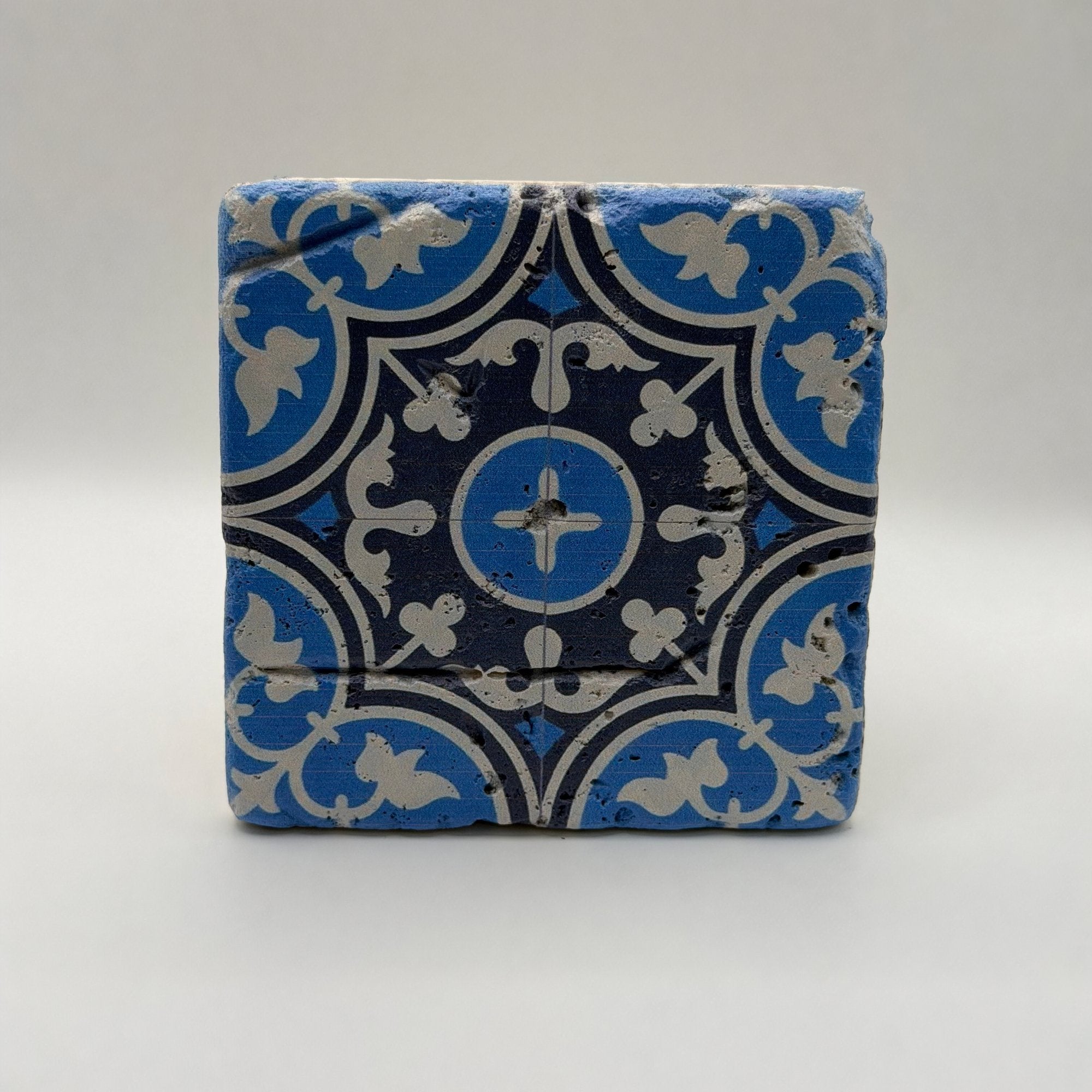 Unique ethnic pattern printed on square travertine stone coaster
