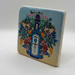 Bombay Sapphire logo printed on square natural travertine stone coaster
