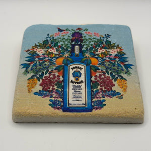 Bombay Sapphire logo printed on square natural travertine stone coaster