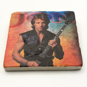 Bon Jovi artwork printed on square travertine stone coaster