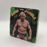 Funny image of Boris Johnson in jungle scene printed on square travertine stone coaster
