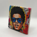 Bruno Mars artwork printed on square travertine stone coaster