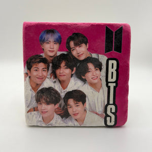 BTS artwork printed on square travertine stone coaster