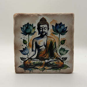 Buddha Mandala Natural Travertine Stone Coaster artwork