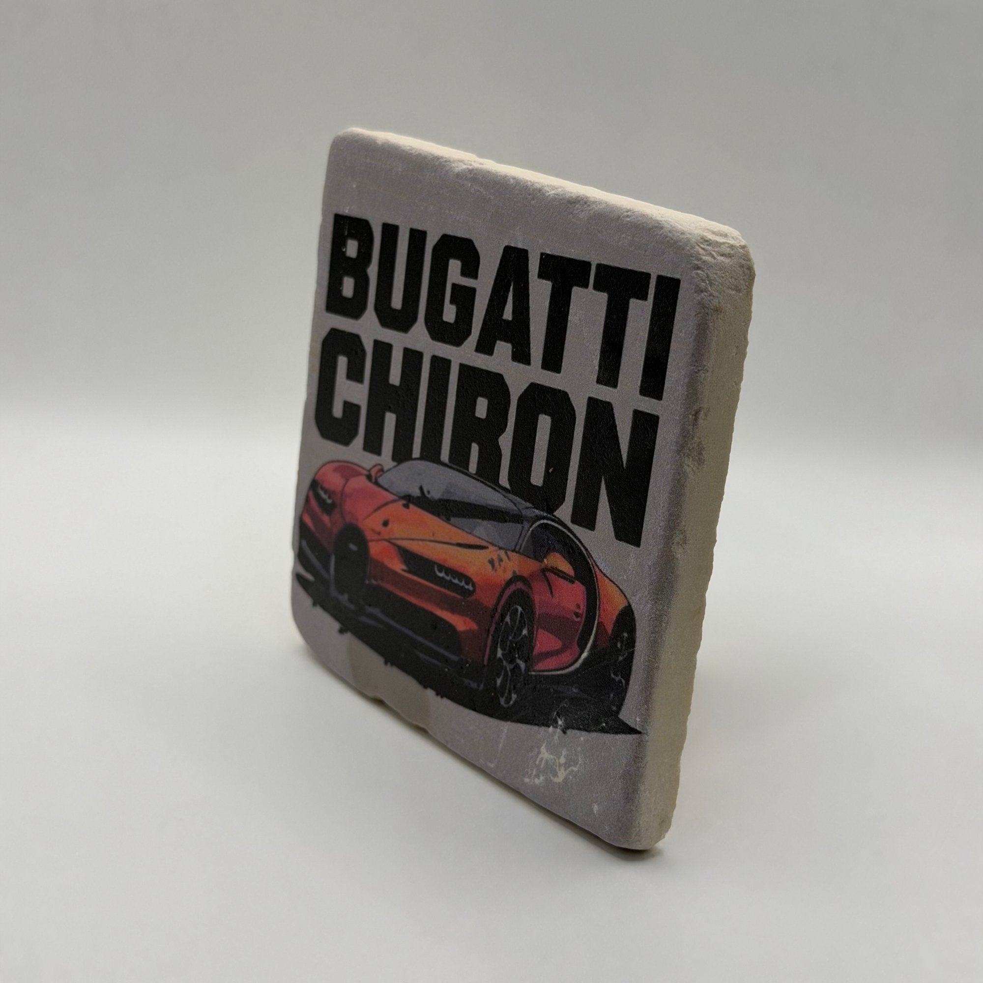 Bugatti Chiron artwork printed on square travertine stone coaster