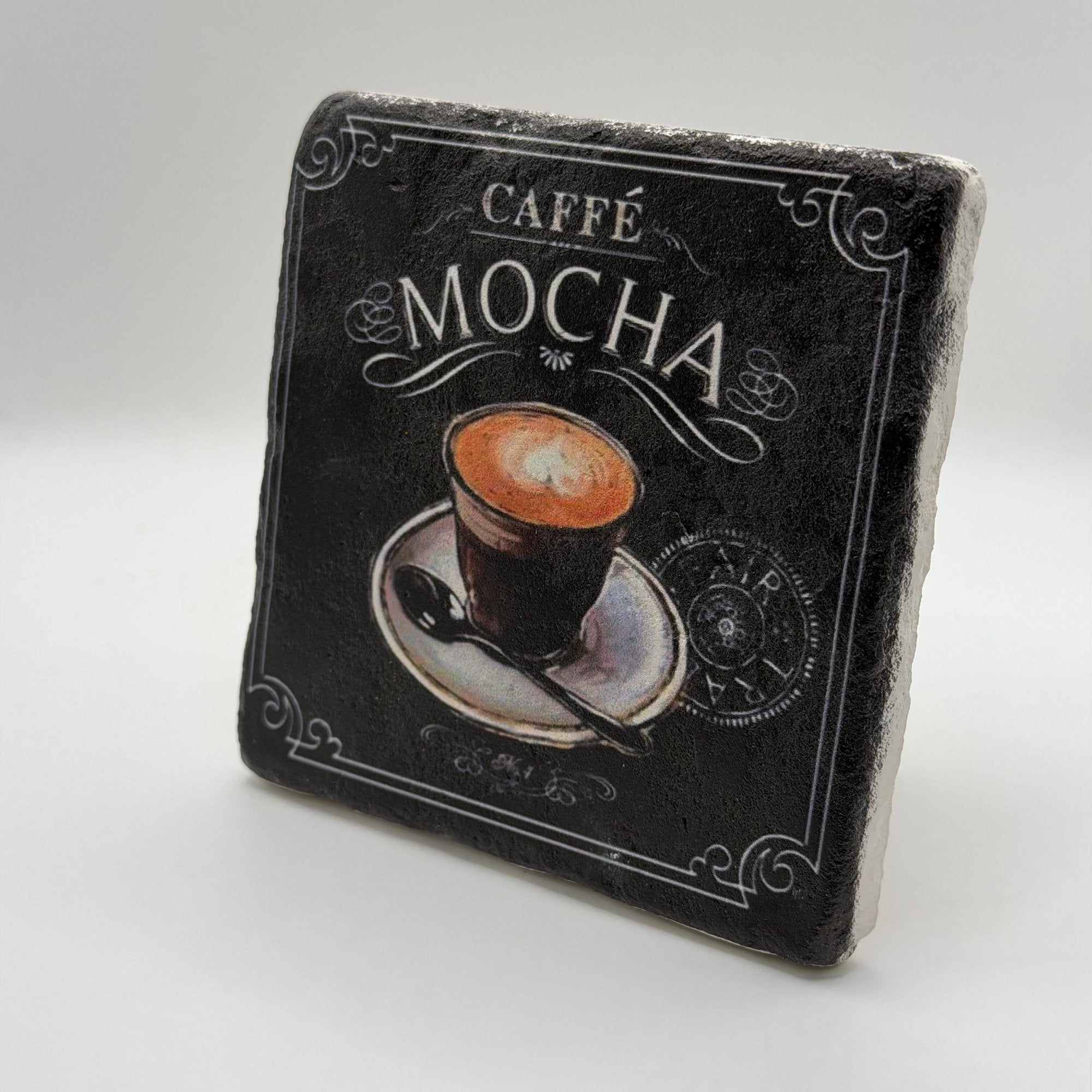 Caffe Mocha artwork printed on square travertine stone coaster
