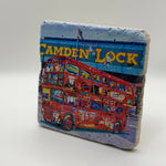 Iconic Camden Lock landmark printed on square travertine stone coaster