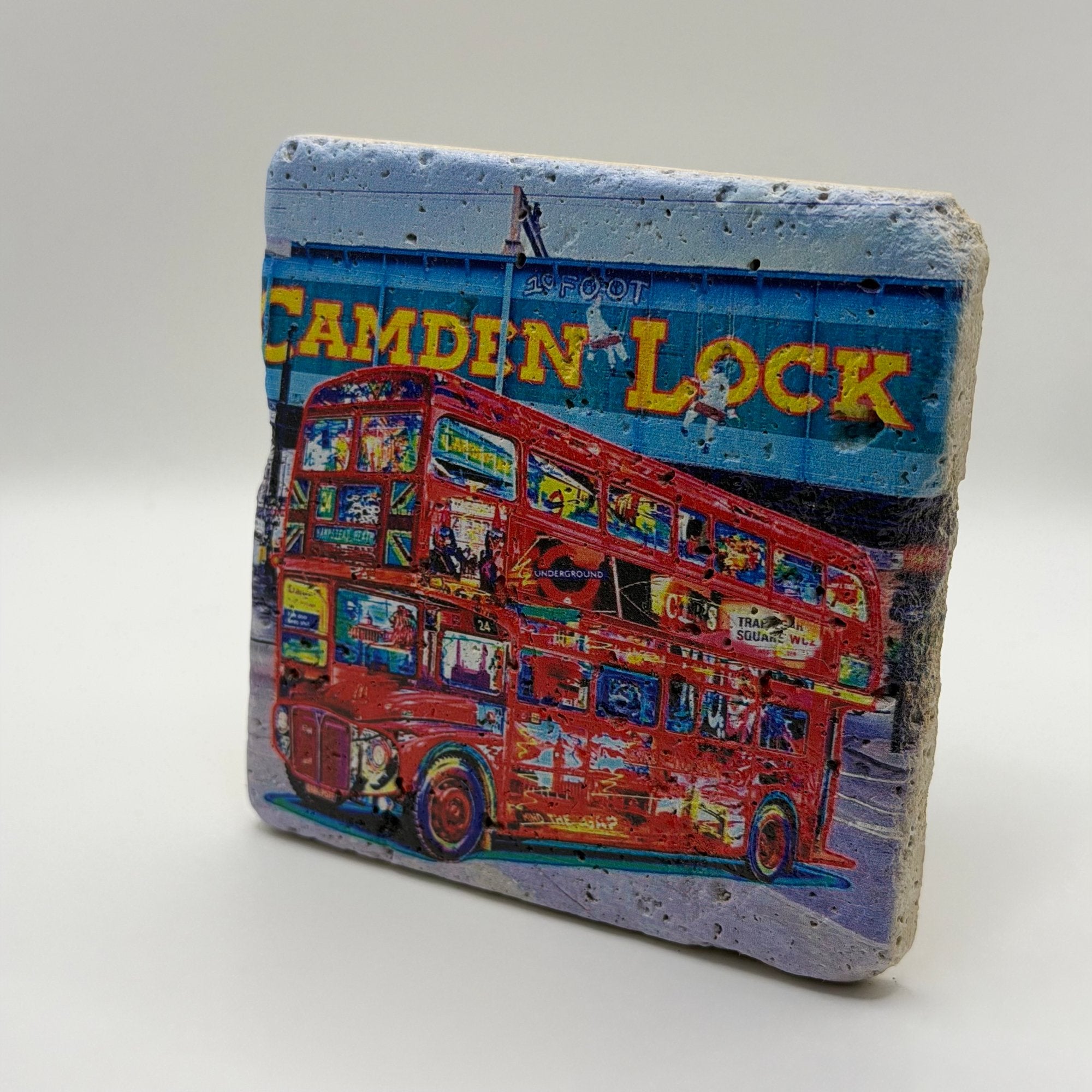 Iconic Camden Lock landmark printed on square travertine stone coaster