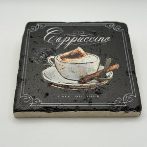 Cappuccino design printed on square travertine stone coaster