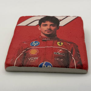 Carlos Sainz artwork printed on square travertine stone coaster