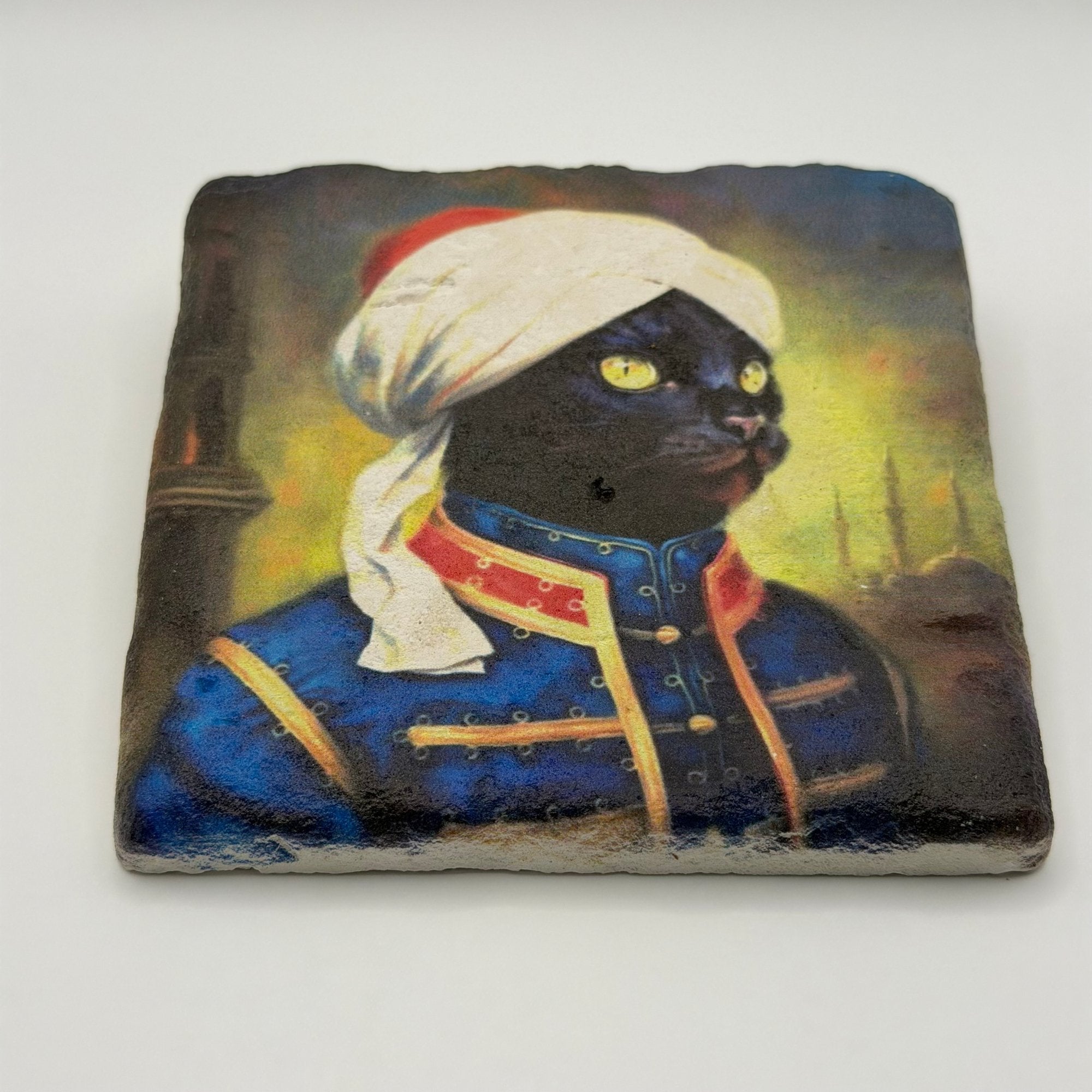 Illustrative artwork of an Indian cat breed printed on square travertine stone coaster