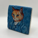 Cat Van Gogh artwork printed on square natural travertine stone coaster