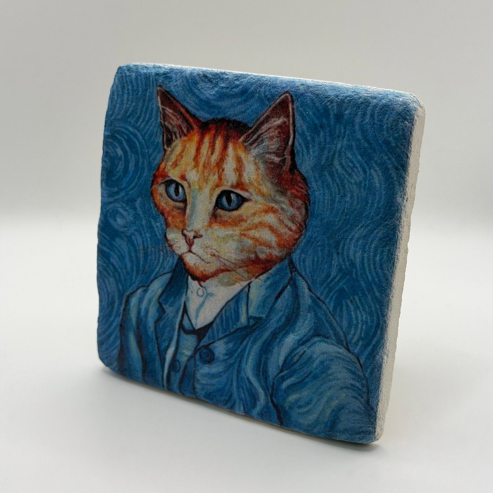Cat Van Gogh artwork printed on square natural travertine stone coaster