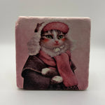 Vintage-style cat artwork printed on square travertine stone coaster