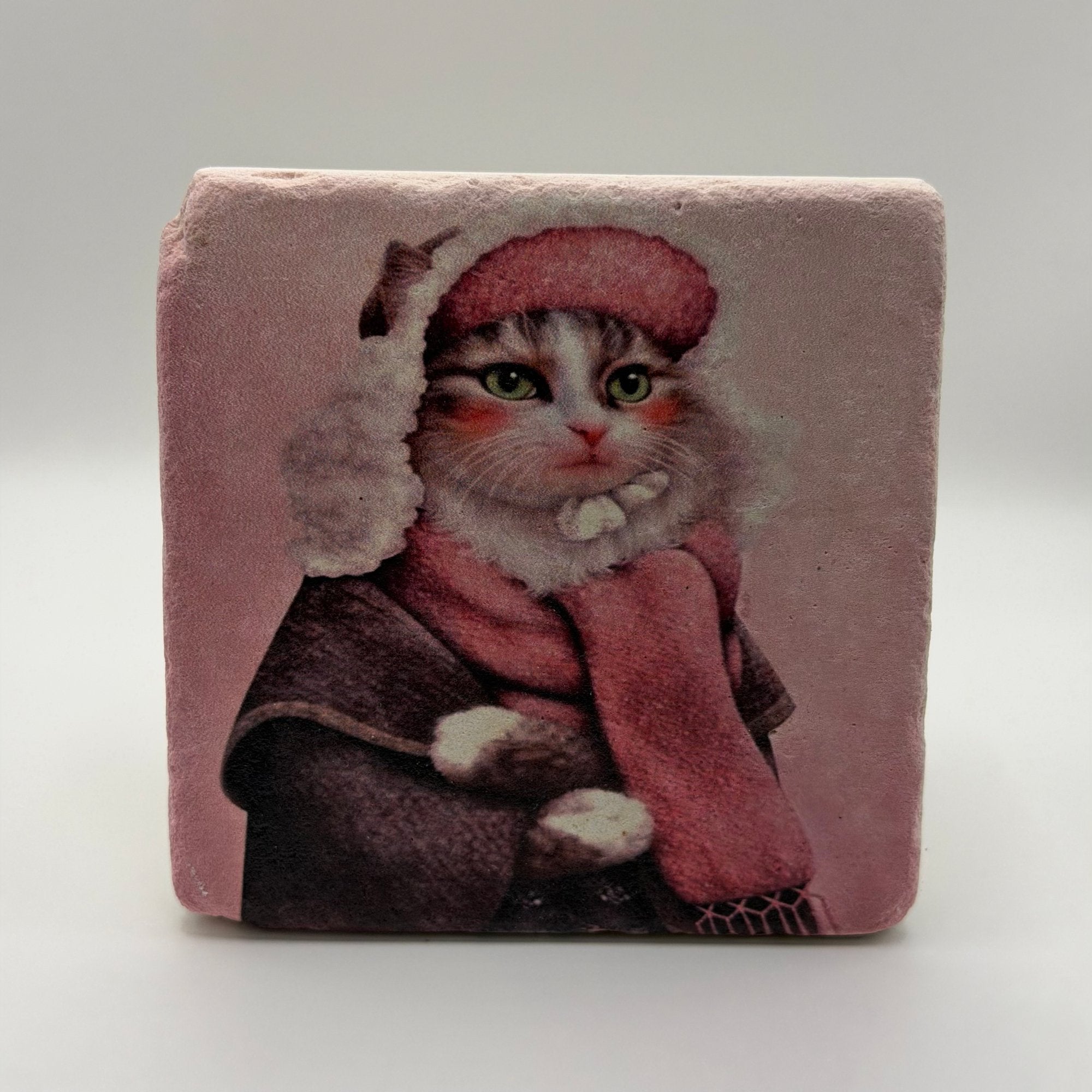 Vintage-style cat artwork printed on square travertine stone coaster
