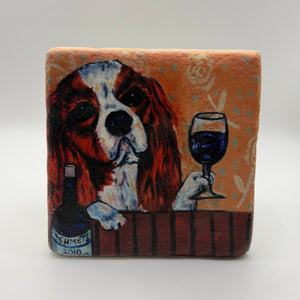 Cavalier King Charles Spaniel artwork printed on square travertine stone coaster