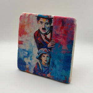 Charlie Chaplin portrait printed on square travertine stone coaster