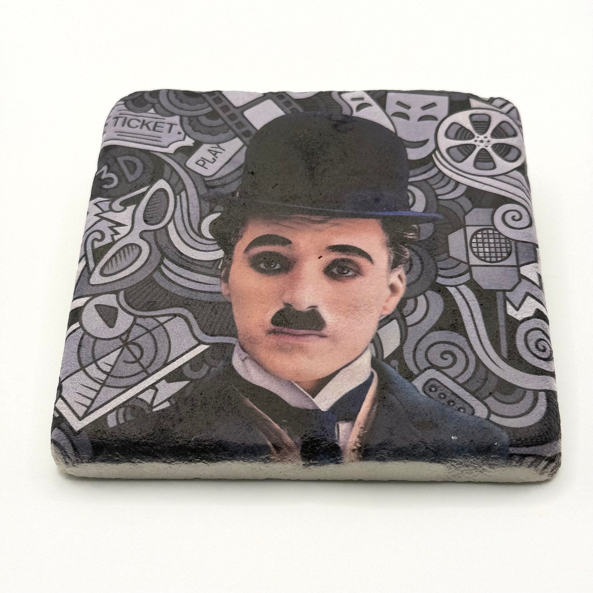 Charlie Chaplin portrait printed on square travertine stone coaster