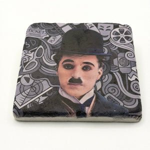 Charlie Chaplin portrait printed on square travertine stone coaster