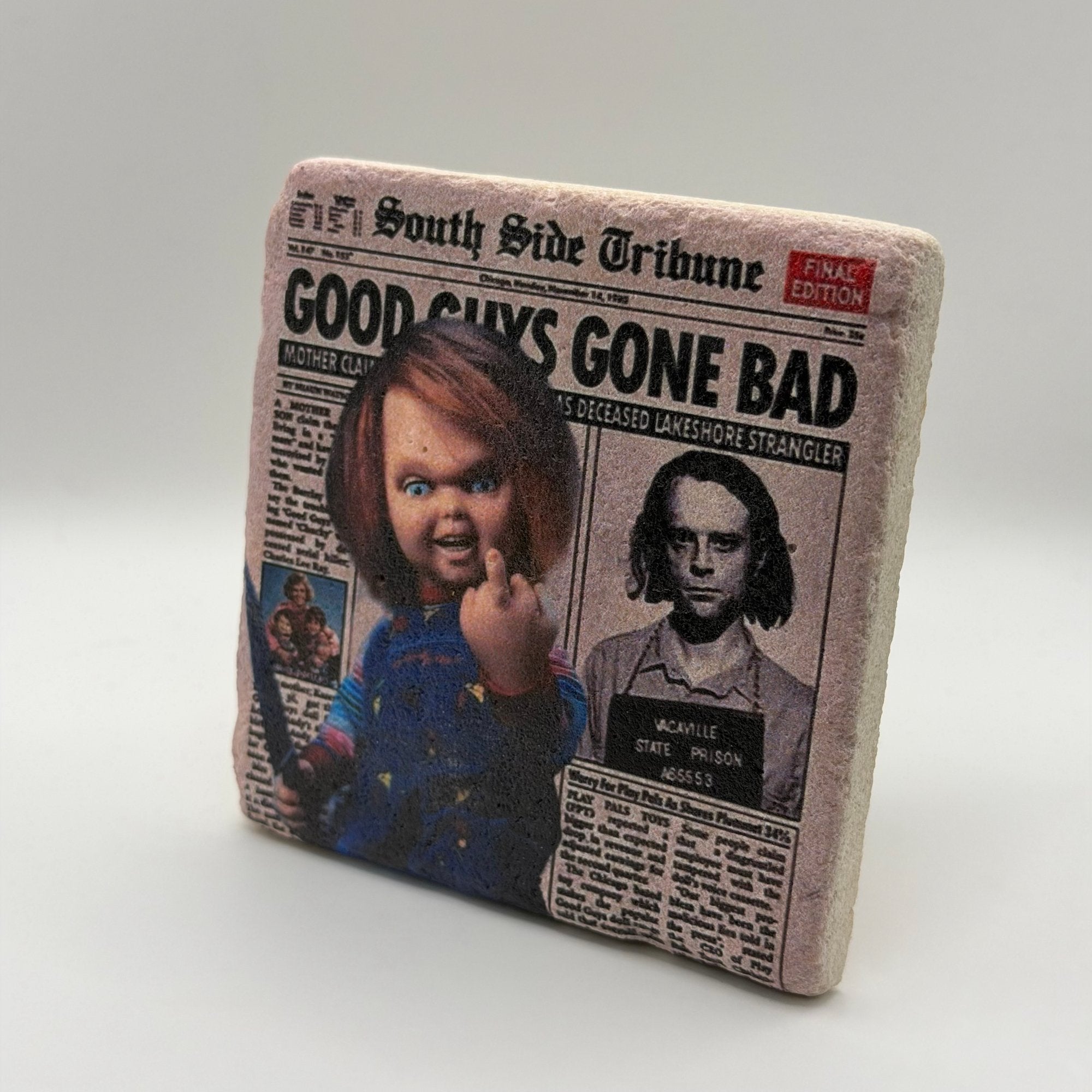Chucky doll artwork printed on square travertine stone coaster