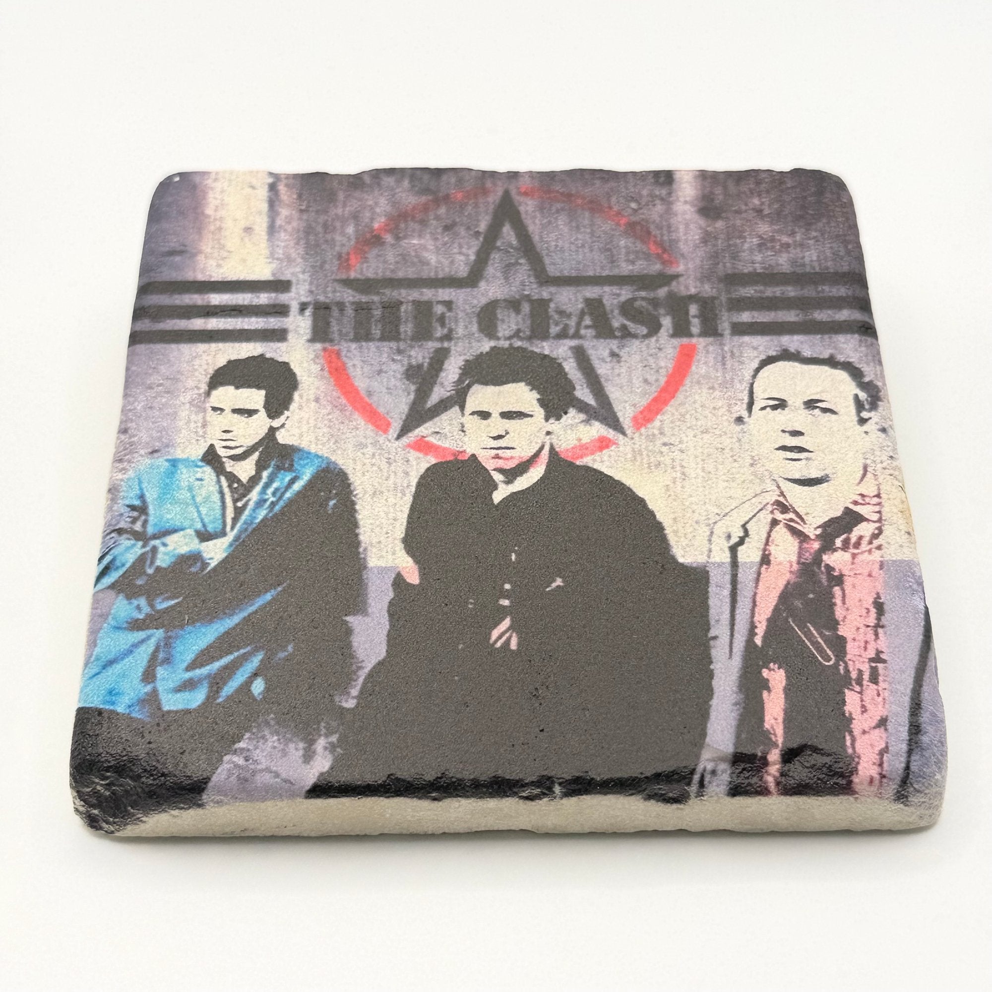 The Clash artwork printed on square travertine stone coaster
