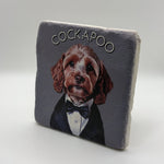 Adorable Cockapoo breed portrait printed on square travertine stone coaster