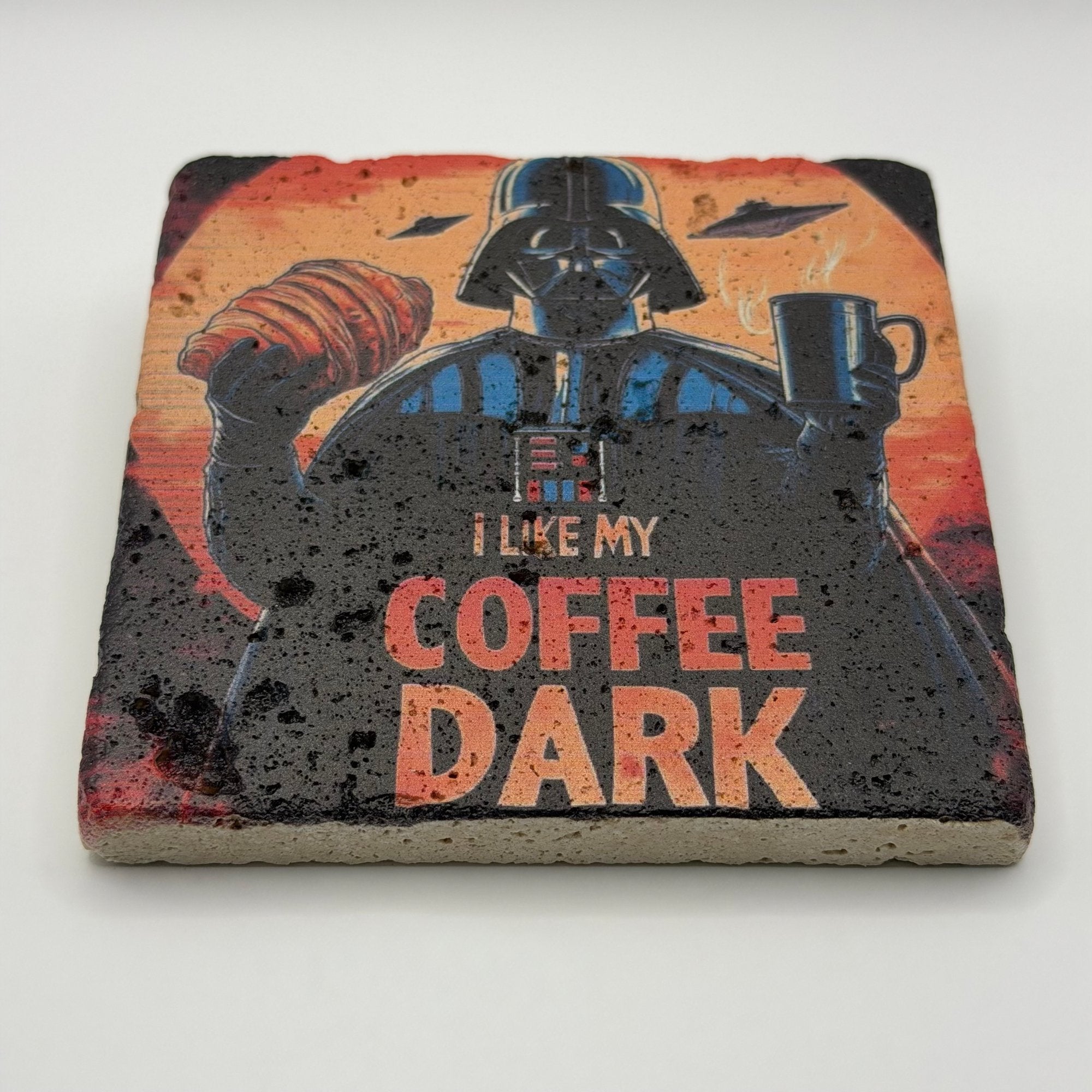 I Like My Coffee Dark artwork printed on square travertine stone coaster