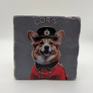 Illustration of a corgi printed on square travertine stone coaster