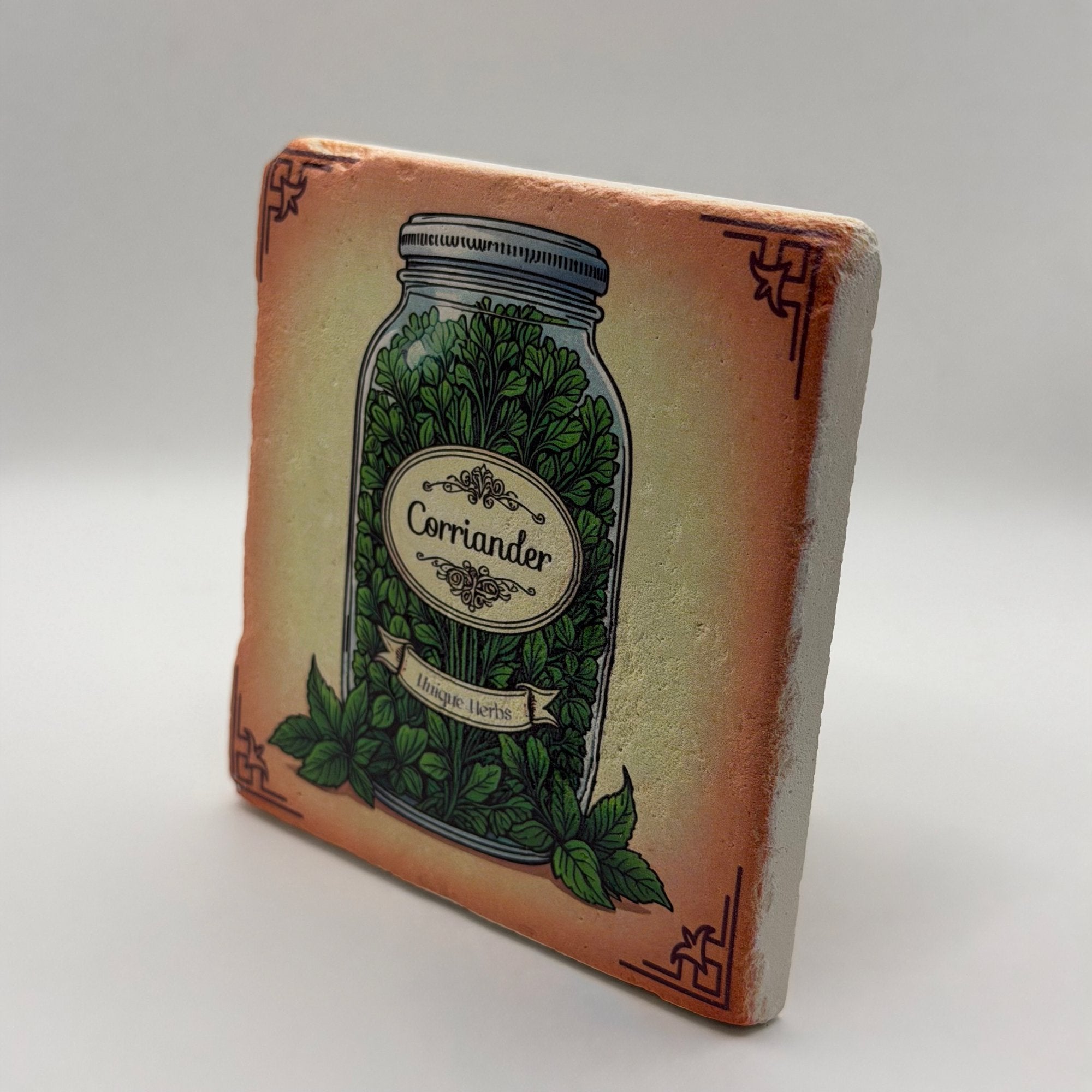 Coriander artwork printed on square travertine stone coaster