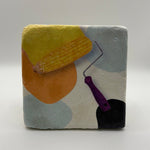 Vintage-inspired illustration of corn on square travertine stone coaster