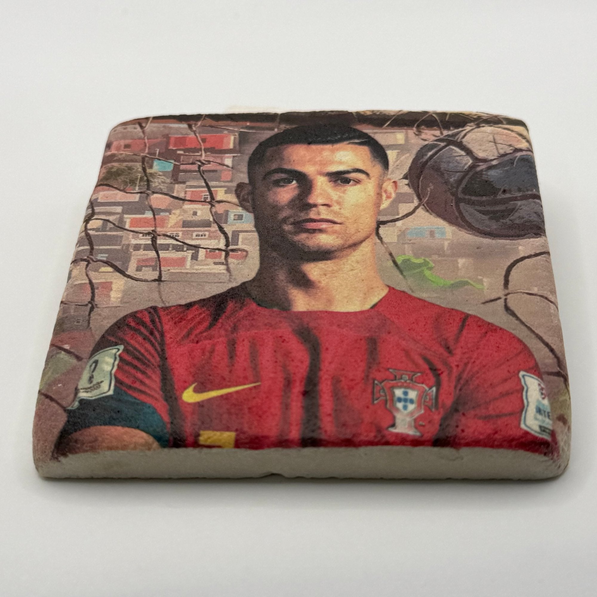 Cristiano Ronaldo artwork printed on square travertine stone coaster