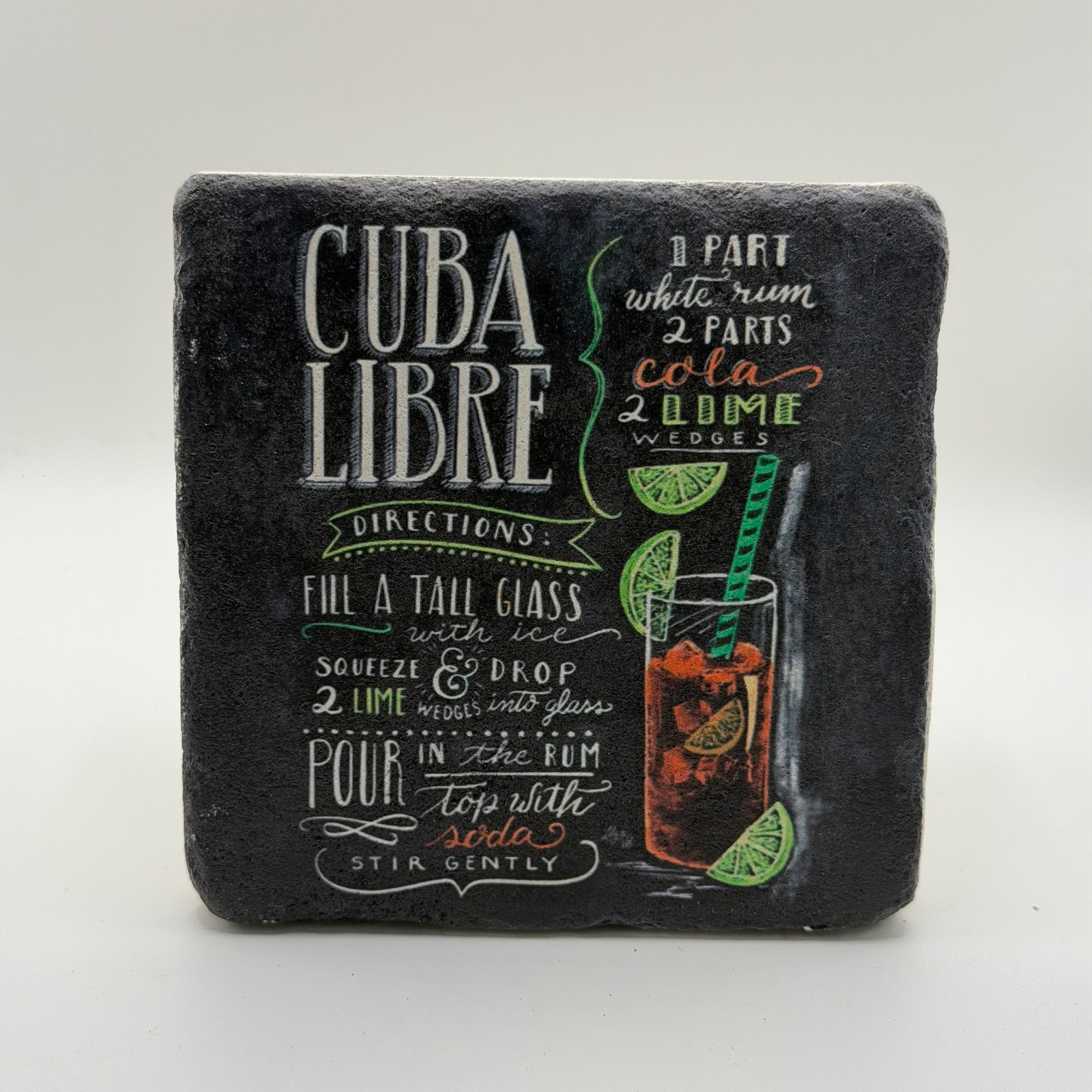 Vintage Cuba Libre artwork printed on square natural travertine stone coaster