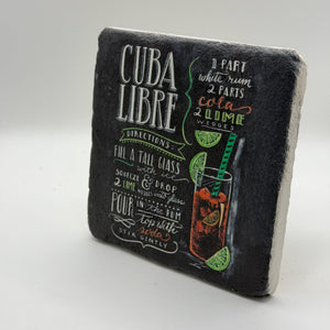 Vintage Cuba Libre artwork printed on square natural travertine stone coaster