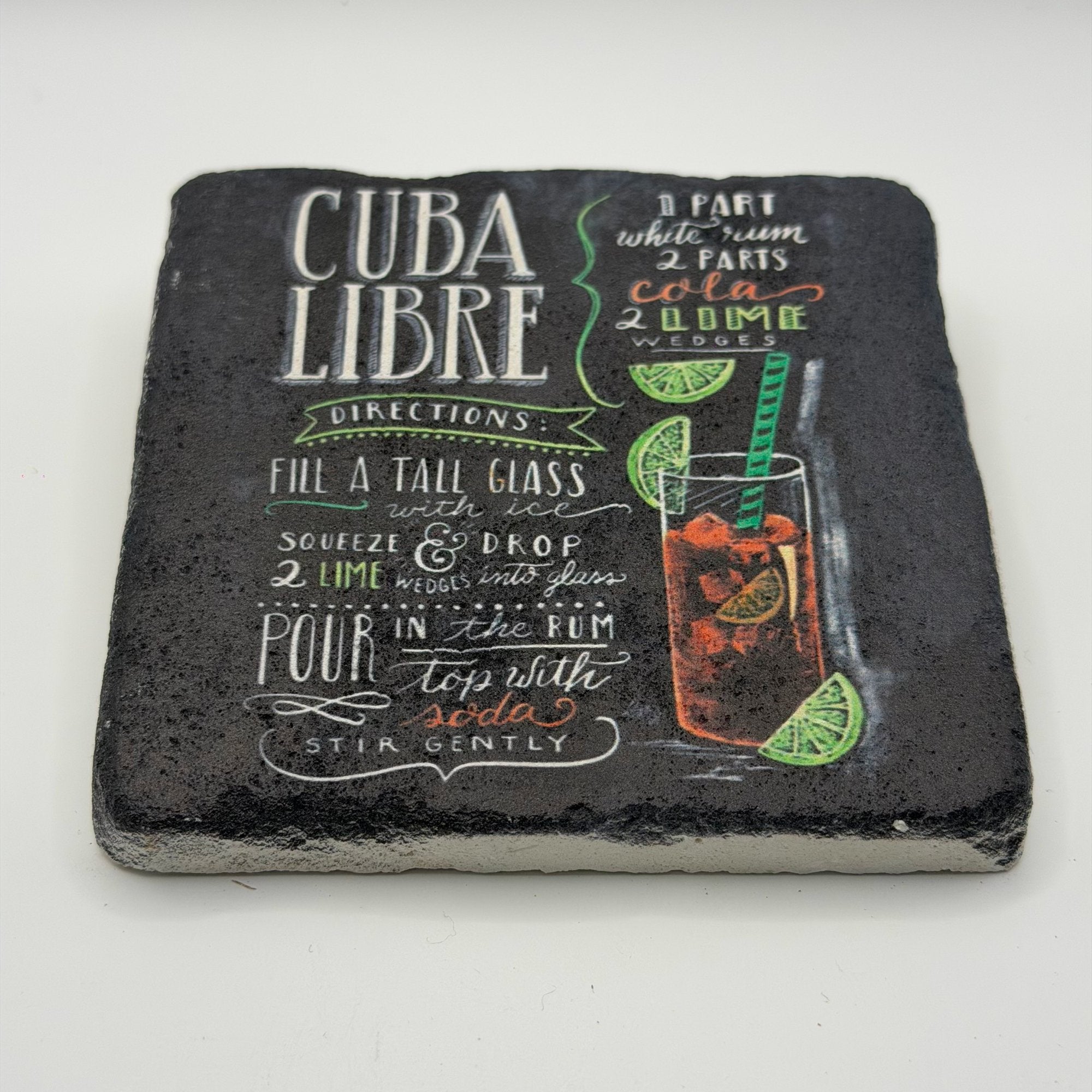 Vintage Cuba Libre artwork printed on square natural travertine stone coaster