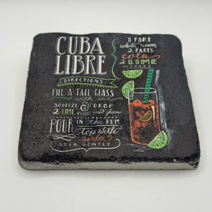 Vintage Cuba Libre artwork printed on square natural travertine stone coaster