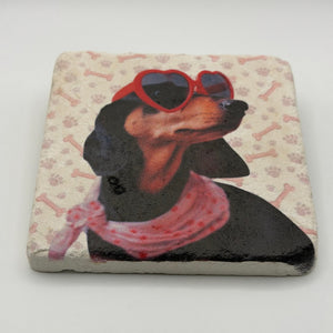 Dachshund Pink Scarf artwork printed on premium natural travertine stone coaster